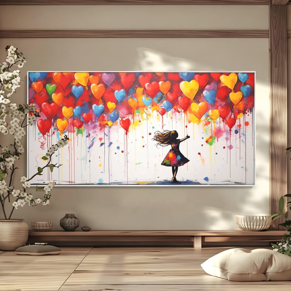 Tablou canvas cu tablou canvas cu fetita si baloane inima, in rama de aluminiu argintiu